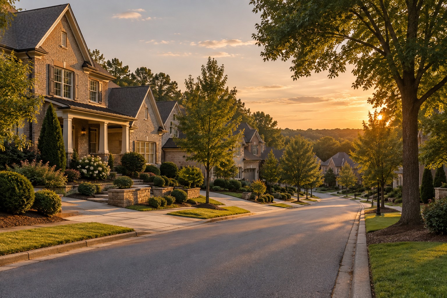 An upscale Atlanta area neighborhood street at golden hour, illustrative