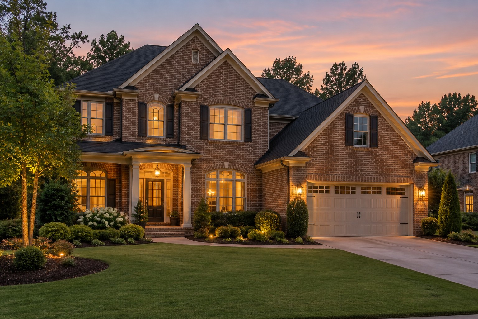 An Atlanta area home exterior at dusk, illustrative
